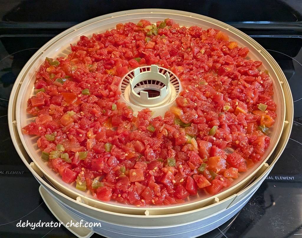 Rotel diced tomatoes and chili peppers on a dehydrator tray | best foods to dehydrate for long term storage | dehydrating food for long term storage | dehydrated food recipes for long term storage | dehydrating meals for long term storage | food dehydrator for long term storage