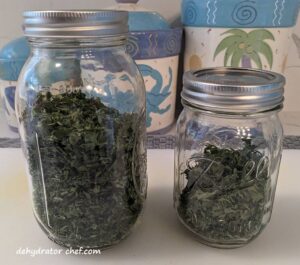 Equalizing and conditioning dehydrated parsley in canning jars with tight-fitting lids.