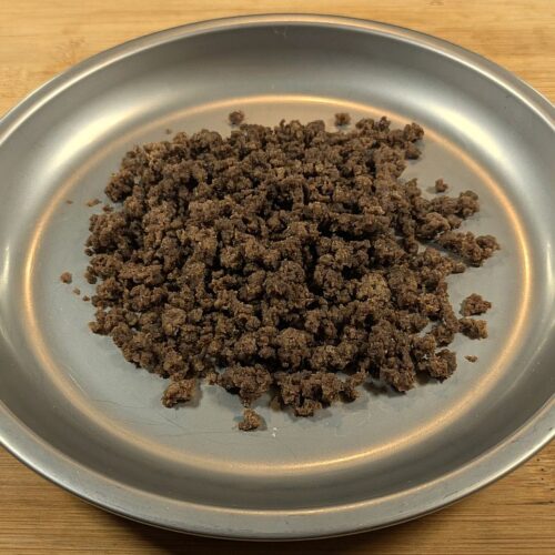 Dehydrated ground beef crumbles that is ready for long term storage.