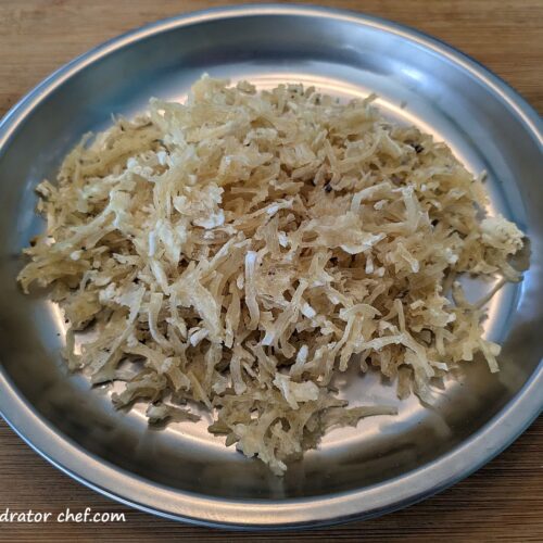 Here are dehydrated hash browns that we will add to our panty for long-term storage. Later, we’ll add them to our homemade dehydrated meals, but they’re good to have on hand since they’ll keep up to 12 months or longer, depending on your pantry storage conditions.