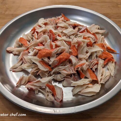 This is a plate full of dehydrated imitation crab meat. It’s on our list of foods that can be dehydrated.