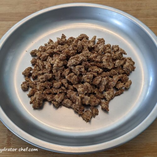 This is one 45-gram serving of dehydrated ground pork. | dehydrated pork | dehydrating pork | dehydrated ground pork | dehydrating ground pork | best foods to dehydrate for long term storage | dehydrating food for long term storage | dehydrated food recipes for long term storage | dehydrating meals for long term storage | food dehydrator for long term storage | making dehydrated meals for camping | homemade dehydrated meal recipes | make your own dehydrated camping food | homemade dehydrated camping meals | homemade dehydrated backpacking meals