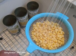 We begin by rinsing the salty canning liquid from the canned corn. We'll also inspect the corn for anything that shouldn't be there.