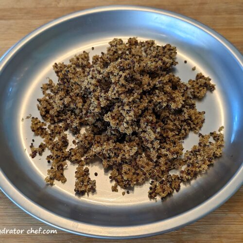 This is our dehydrated quinoa, a lightweight ingredient perfect for homemade dehydrated camping meals. It’s one of the best foods to dehydrate for long-term storage, lasting up to a year or more when stored in airtight containers. So, add it to your list of foods that can be dehydrated and keep it on hand for when you might need it. Making dehydrated meals is easier with staples like this, so consider making a large batch to keep your pantry well stocked since this will keep for a long time.