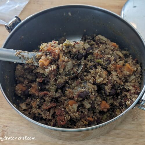 Our dehydrated sweet potato black bean quinoa bowl is one of the best dehydrated camping meals for flavor, nutrition, and convenience. With quinoa, sweet potatoes, and black beans, this dish is ready to eat in minutes at the campsite or when out in the field. Practice making this at home using your outdoor cooking gear, so you’ll know what to expect when you're in the field.