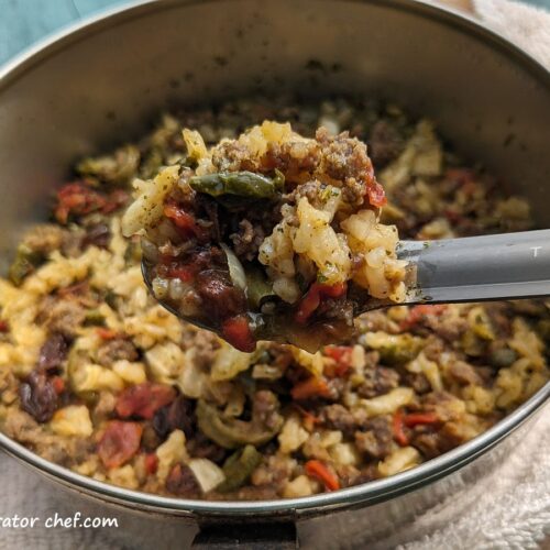 Check out this zesty Latin-American dehydrated picadillo stew, perfect for camping, hiking, and backpacking. It's a favorite in our easy-to-make and easy-to-prepare camping and backpacking meal series. Dehydrated camping food recipes such as this one are easy to make and easy to prepare and cook on a single-burner camp stove.