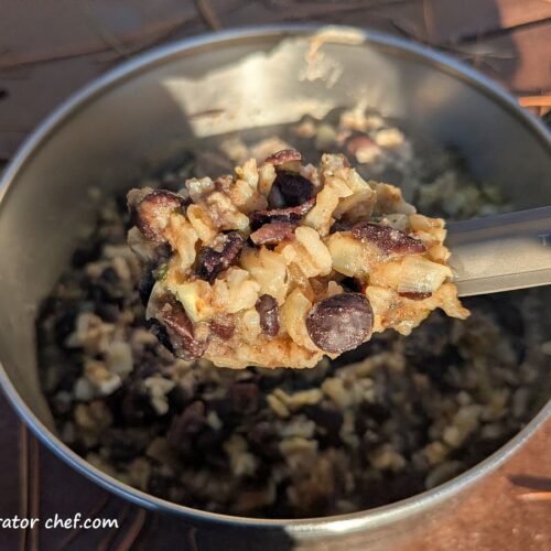 The black beans and rice have finished cooking and steaming to hydrate. We fluffed up the mix and added a bit of optional avocado oil to enhance the flavor a bit. We’re eating good tonight!